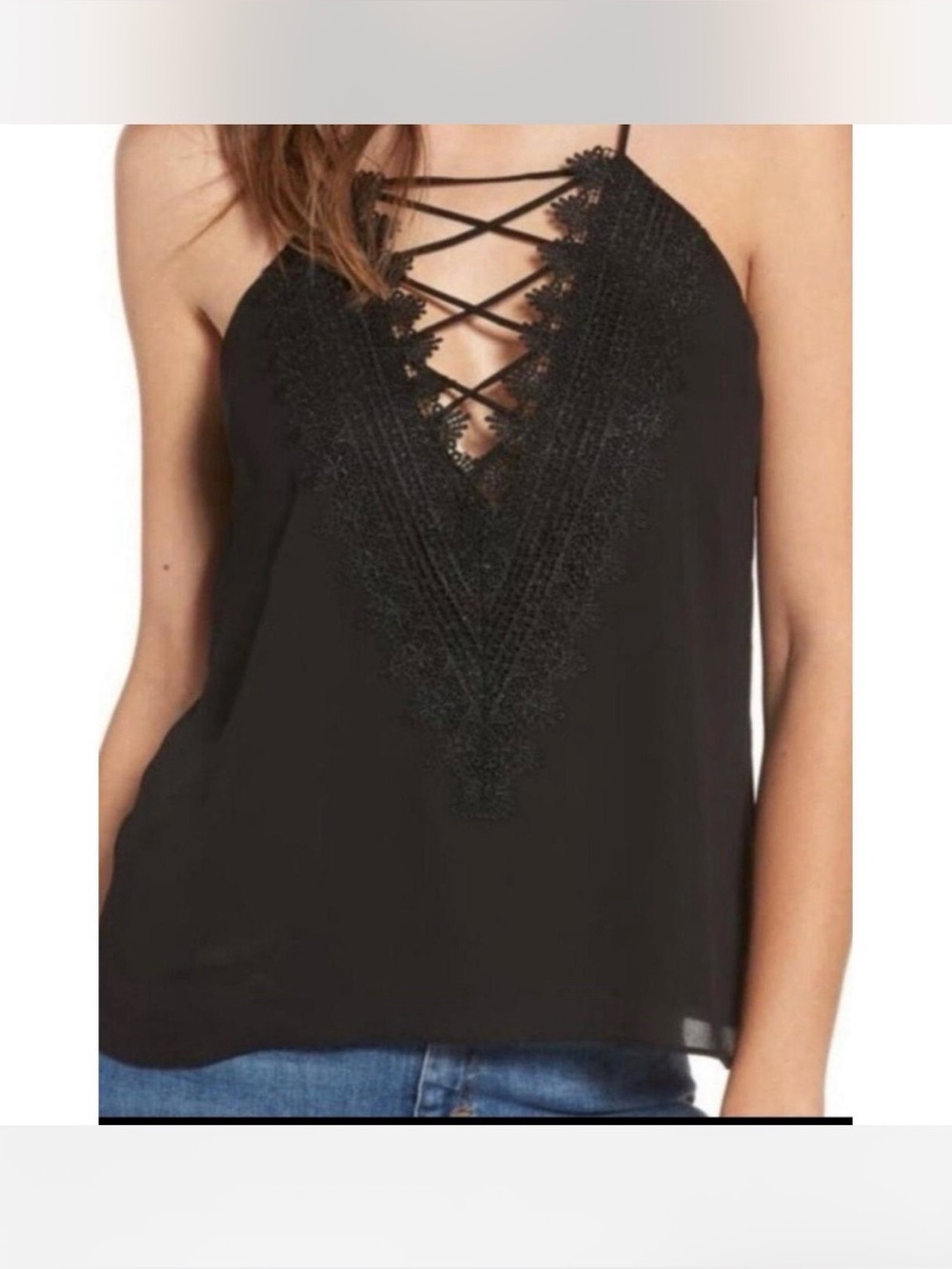 NWT WAYF Black Lace Trim Criss-Cross V-Neck Camisole Adjustable Straps Size M
